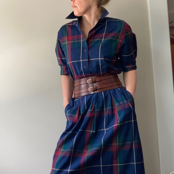 Pendleton 100% wool navy plaid ensemble shirt skirt - Picture 2 of 8